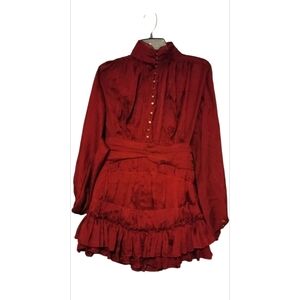 Button-Front Crimson Ruffle Mini Dress with Waist Sash